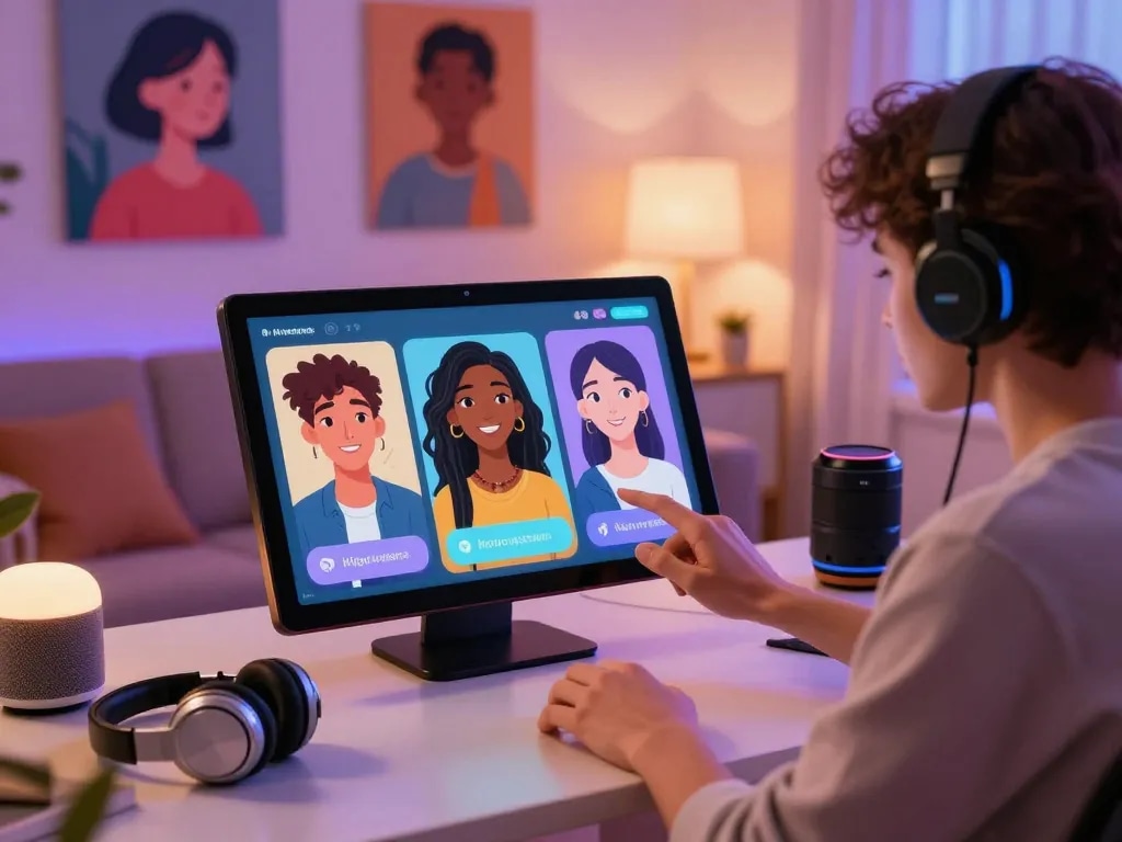 Engaging interaction with an AI girlfriend chatbot showcasing diverse avatars and modern digital companionship.