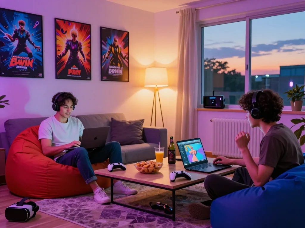 Engaged adults playing sex games online in a cozy gaming setup with colorful decor.