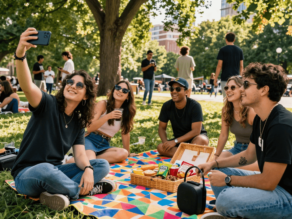 Outdoor scene of friends enjoying an attractive test at a park, capturing joyful moments in a lively atmosphere.
