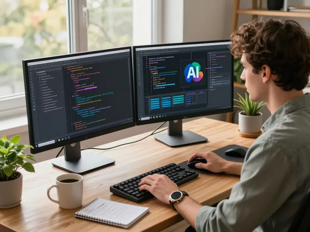 Developer using moltbot AI in a modern home office environment, showcasing productivity and technology integration.