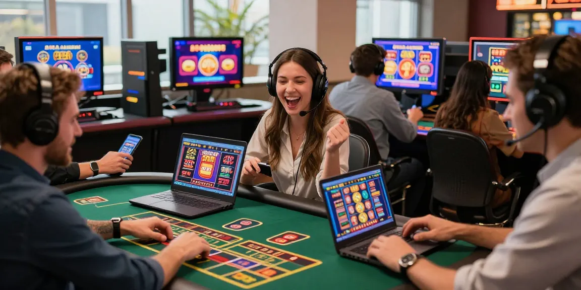 Online casino players enjoying diverse games at thegbhouse.co.uk, showcasing excitement with vibrant graphics.