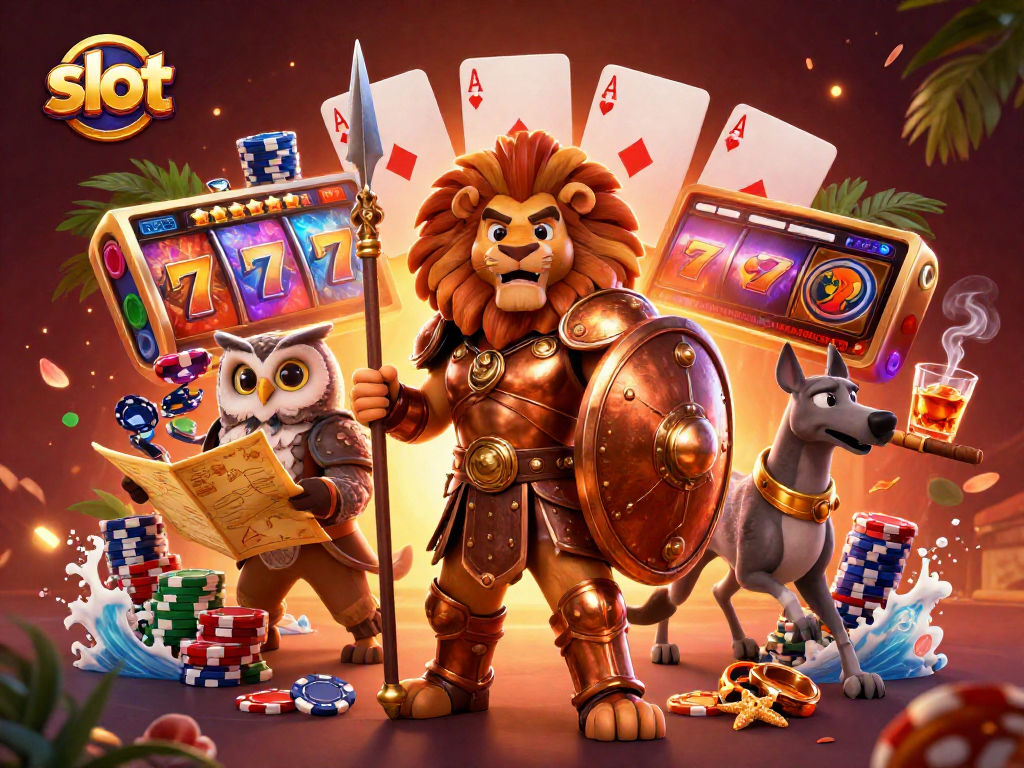Spin the slot reels and win big with vibrant characters in a thrilling 3D casino scene.