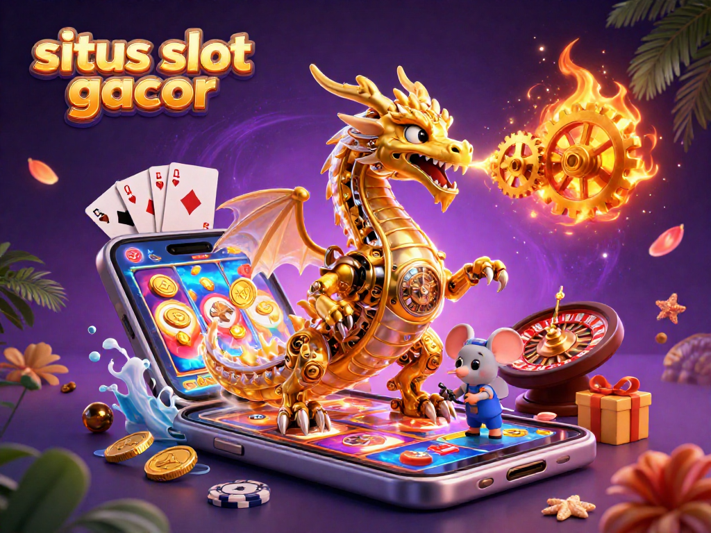 Experience the thrill of situs slot gacor with a golden dragon, coins, and gaming elements!