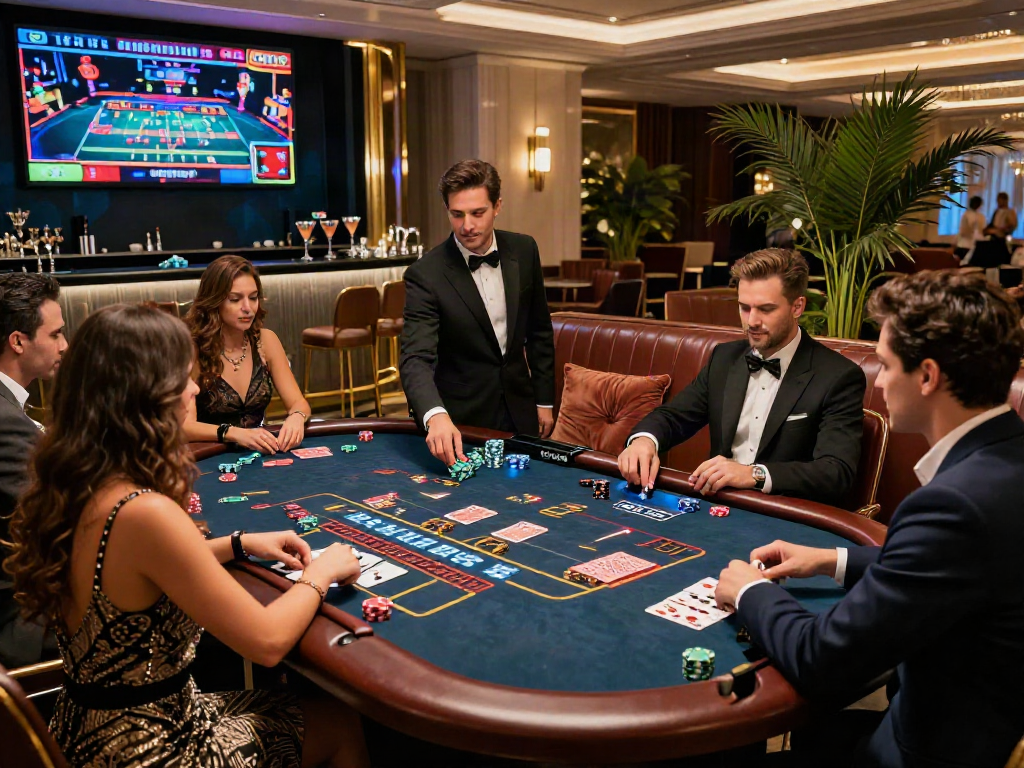 Engaging live casino online scene with stylish players and live dealer.