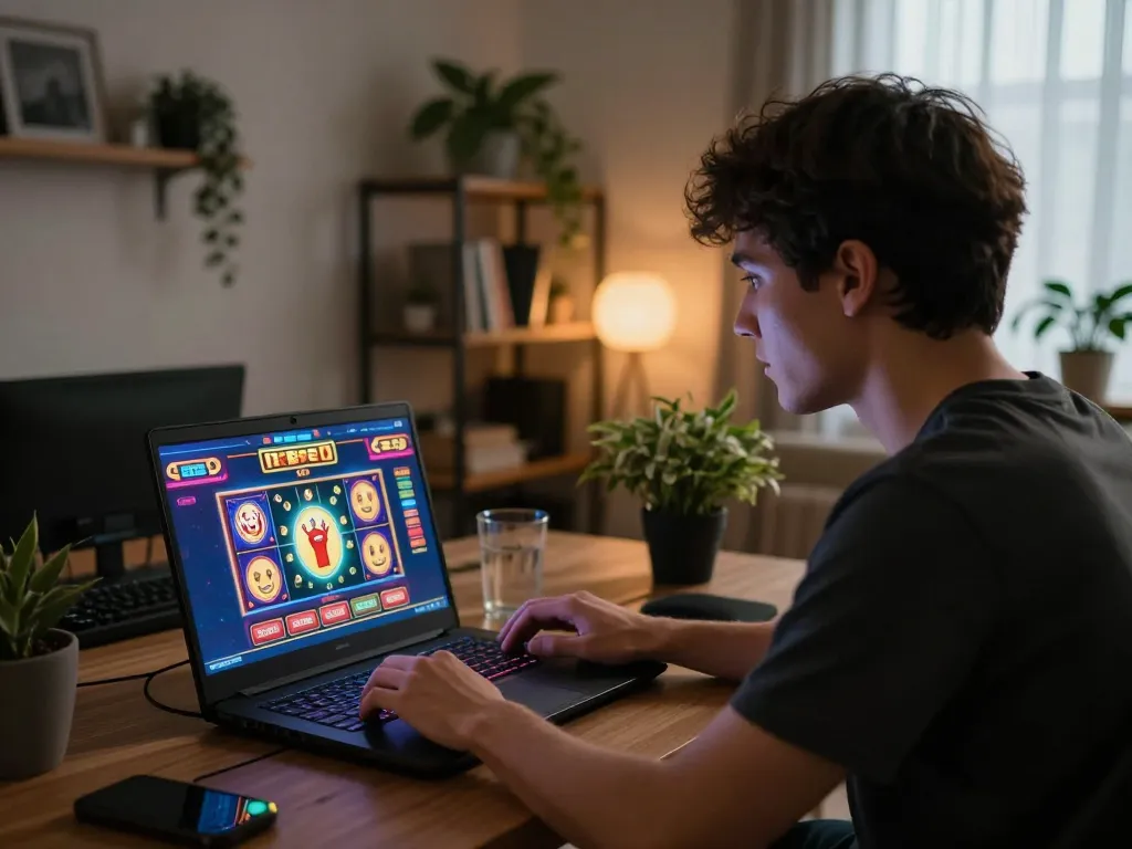 B52 online gaming environment with an enthusiastic player celebrating a win on a laptop.