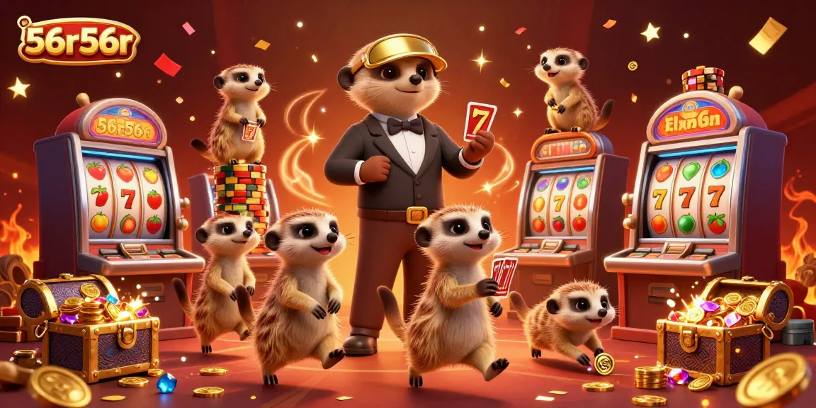 Engaging meerkats in a casino operation showcasing 56r56r with slot machines and vibrant decorations.