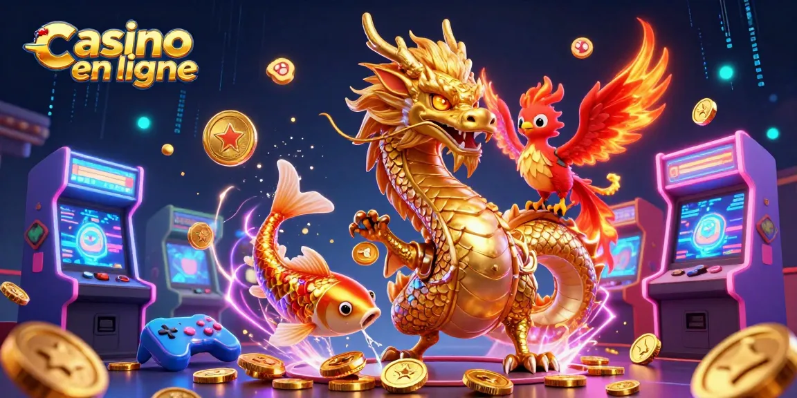 Vivez l'excitation du casino en ligne avec une illustration 3D vivante mettant en scène un dragon, un phoenix et un poisson koi au milieu d'éléments de jeu.