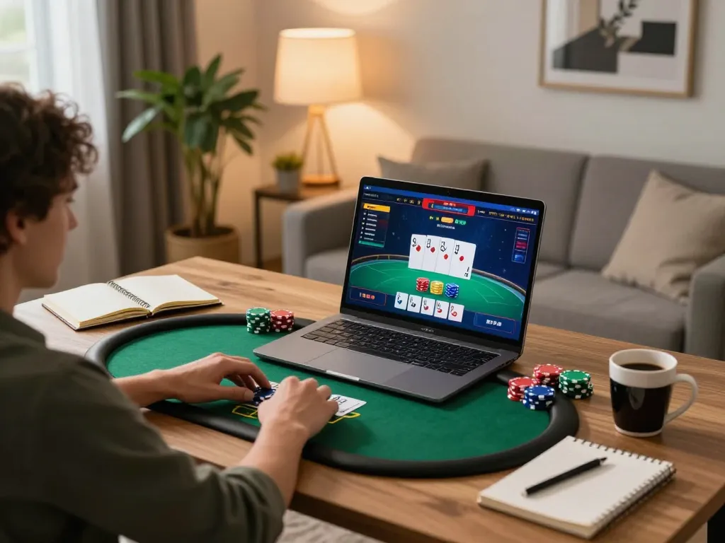Person engaged in online poker gameplay at home, showcasing ATQ gaming strategies and vibrant atmosphere.