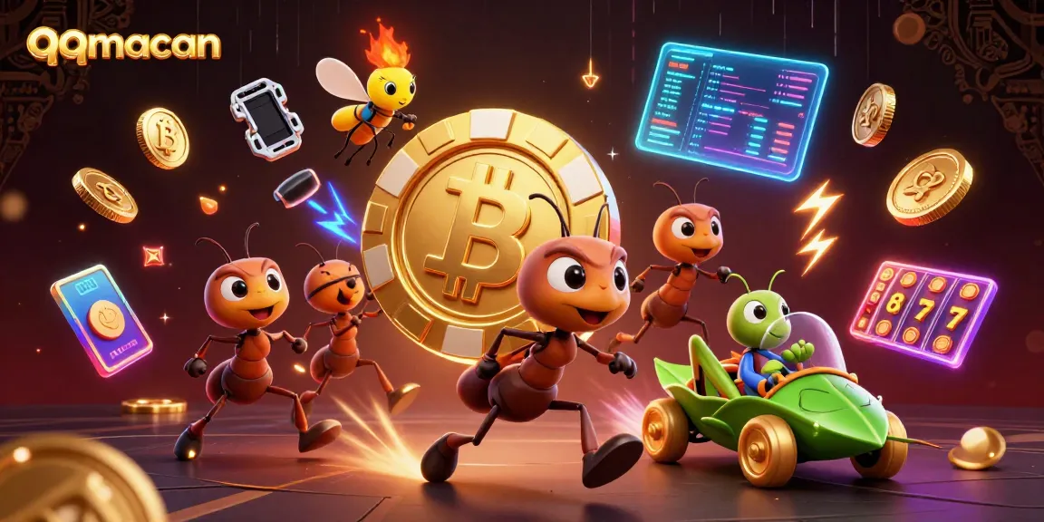 Join the qqmacan heist with ants transporting a giant poker chip amidst vibrant casino elements.