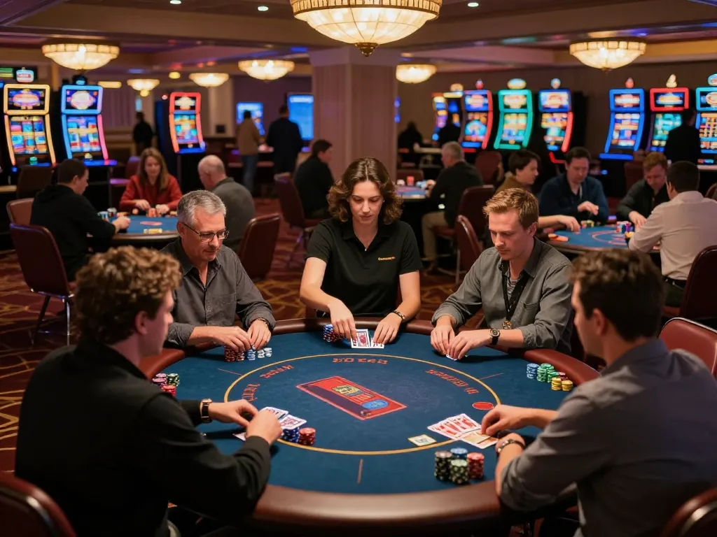 gamblers engaging with Chatgpt caricature on digital devices at an upscale casino