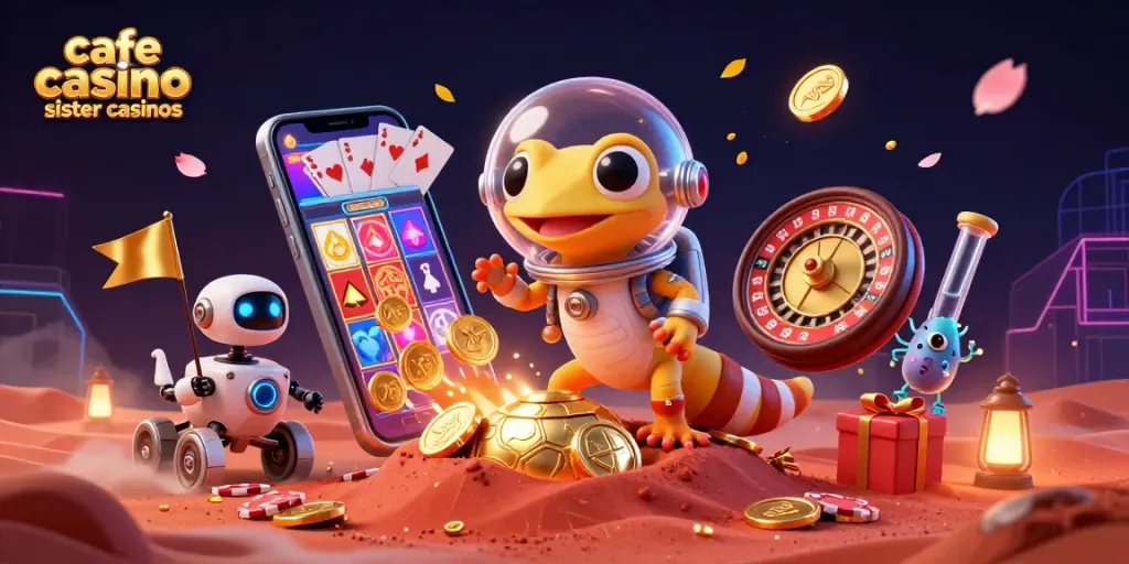 Play casino slots at cafe casino sister casinos and discover thrilling rewards in a vibrant Martian scene.