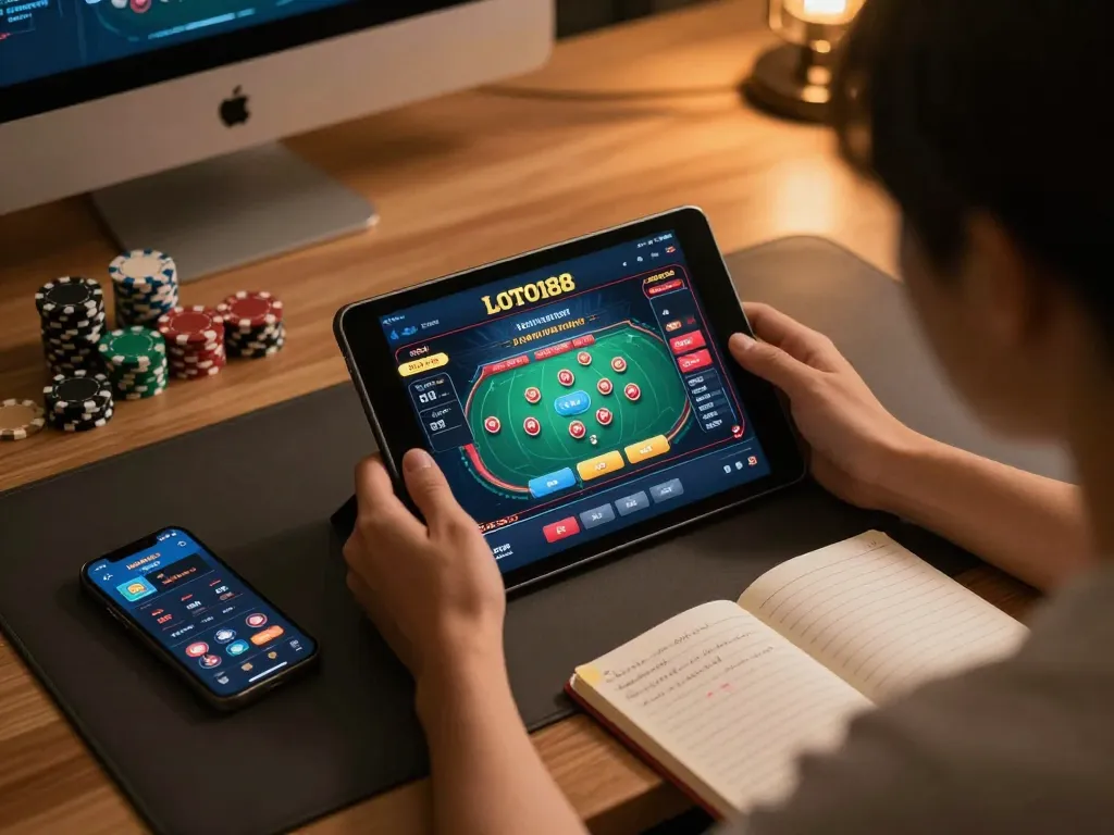 Engaging gameplay on LOTO188 platform with user interacting with online casino interface and betting strategy notes.