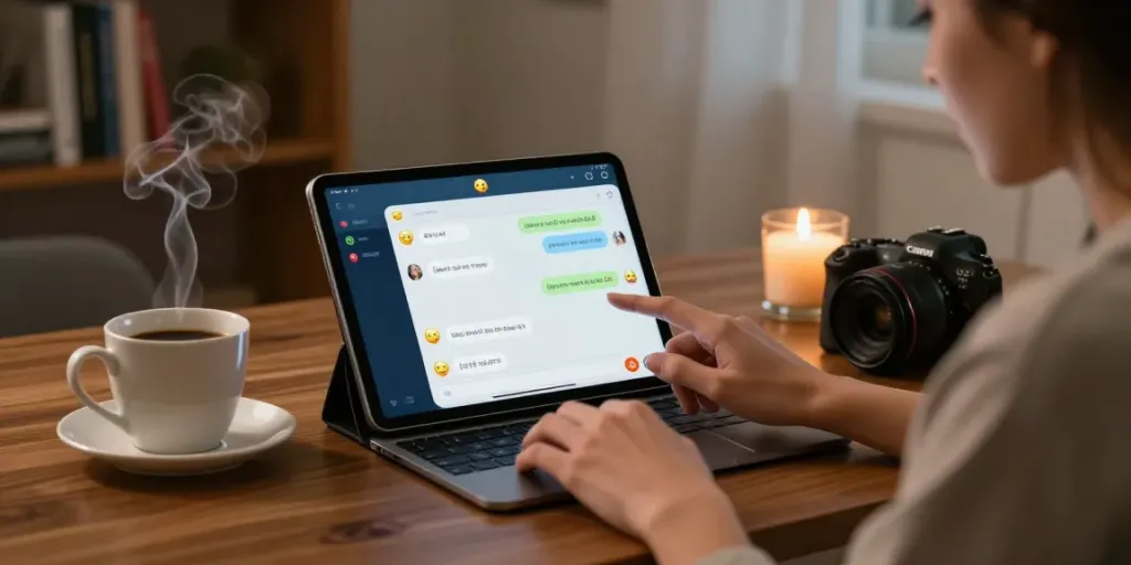 A cozy chat atmosphere illustrating free ai sex chat on a tablet with vibrant emojis and intimate conversation.