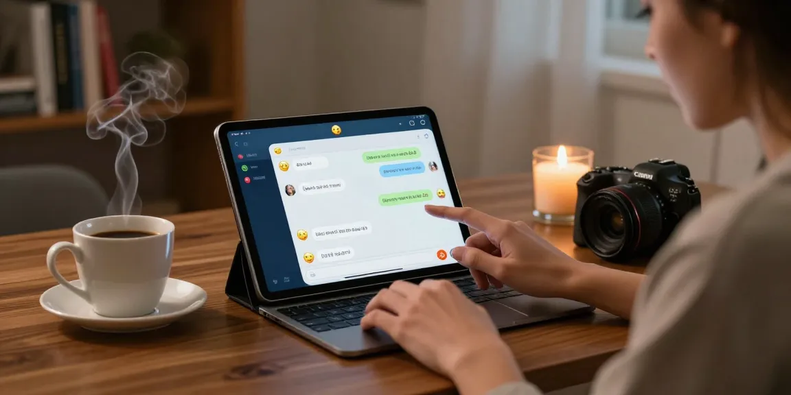 A cozy chat atmosphere illustrating free ai sex chat on a tablet with vibrant emojis and intimate conversation.
