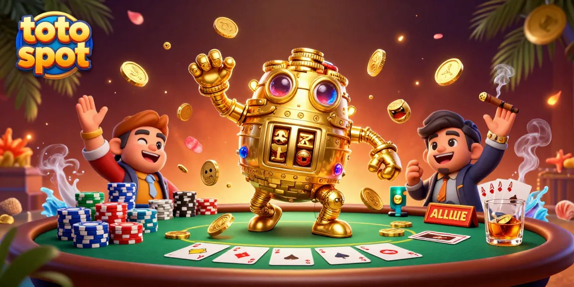 Experience the thrill of toto slot action with an enchanting golden golem surrounded by vibrant casino elements.