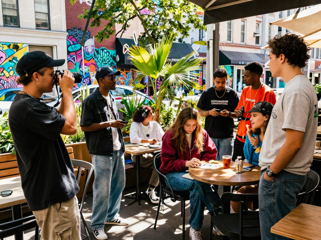 Fashionisk .com urban fashion influencers showcasing trendy streetwear in a lively café scene.