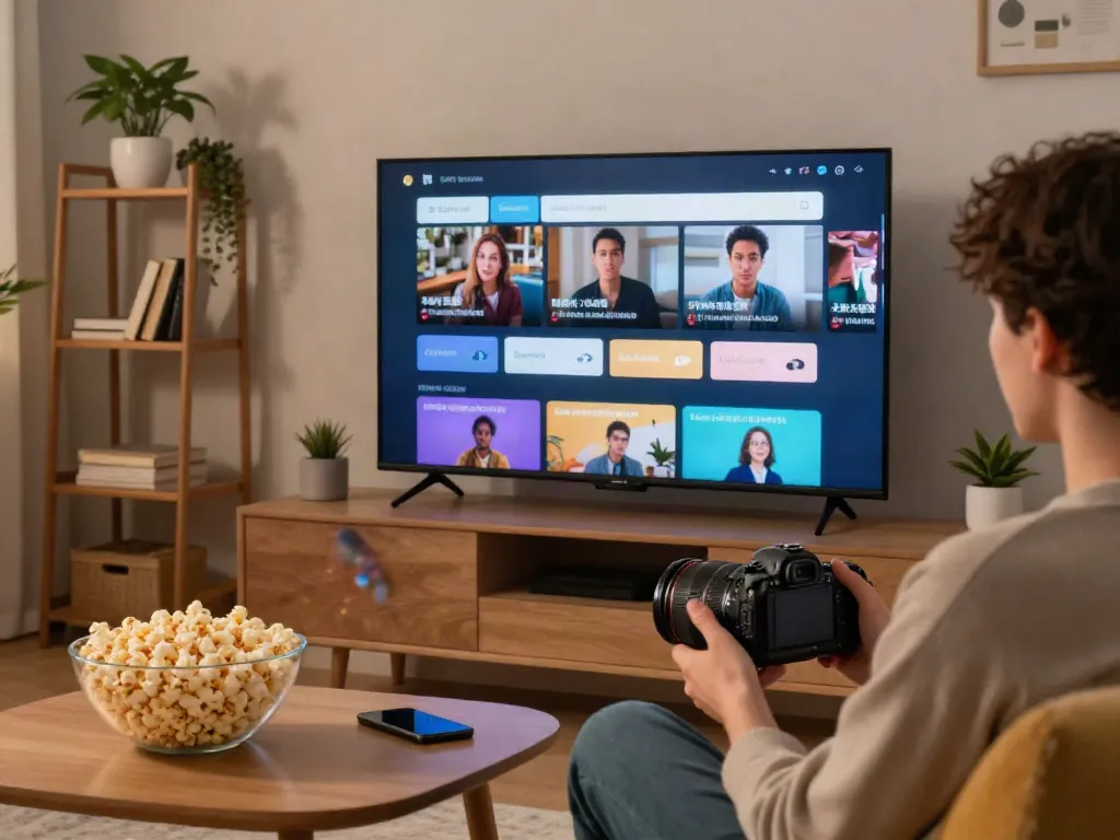Engaged viewer streaming jav subtitle Indonesia in a cozy living room with stylish decor.