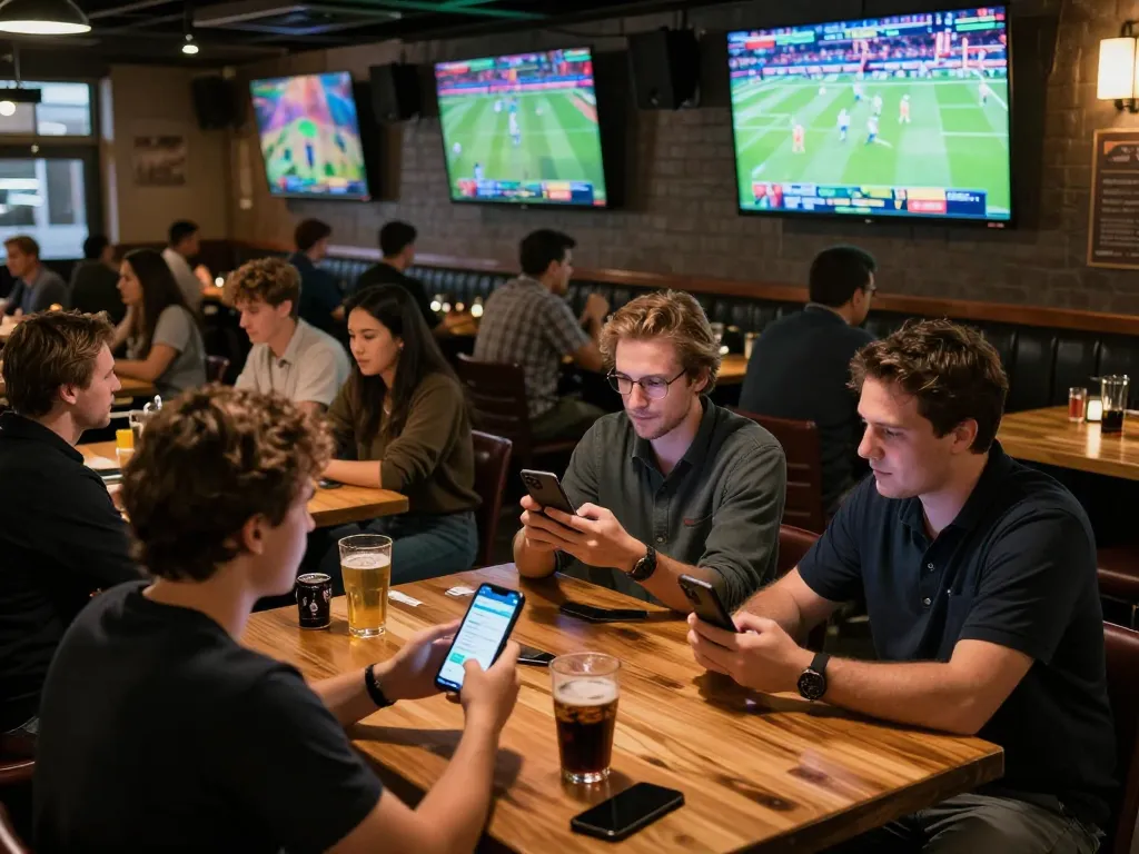 Patrons engaging with betting apps at 789bet during live sports events, showcasing an exciting atmosphere.