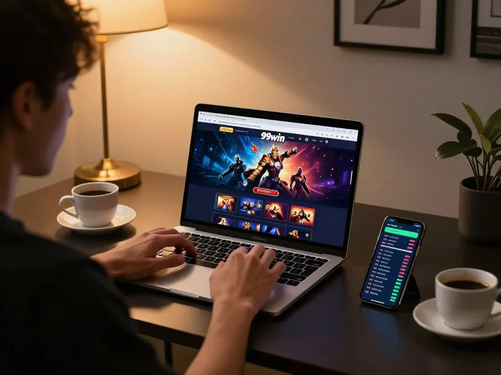 Player engrossed in 99win online casino gaming on a sleek laptop, showcasing responsible gaming environment.