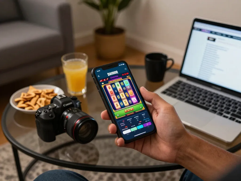 Engaging gameplay at non gamstop casinos on a smartphone, vibrant slot game interface displayed, cozy home setup.