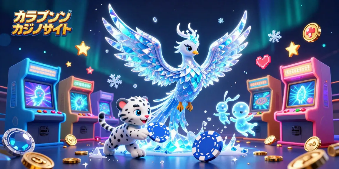 オンラインカジノサイトで有名なキャラクターたちが集い、色とりどりのカジノゲームと楽しむシーン