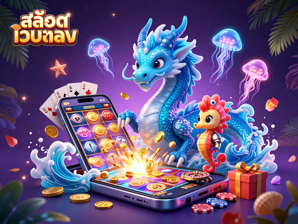 Experience thrilling slots with สล็อตเว็บตรง featuring a captivating dragon, coral knight, and neon jellyfish.