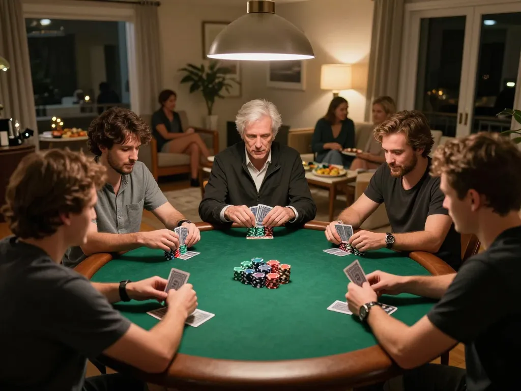 RR88 players strategizing over cards and chips in a cozy home poker game.