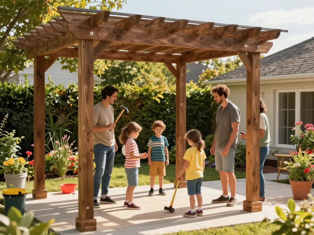 Une famille collaborant sur la conception d'une pergola de jardin en utilisant un logiciel configurateur pergola, mettant en valeur des outils et un cadre extérieur vibrant.