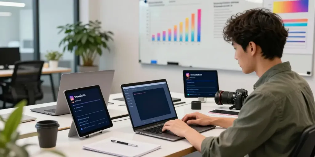 Professional analyzing Instagram metrics and engagement in a vibrant coworking space using insanony tools.