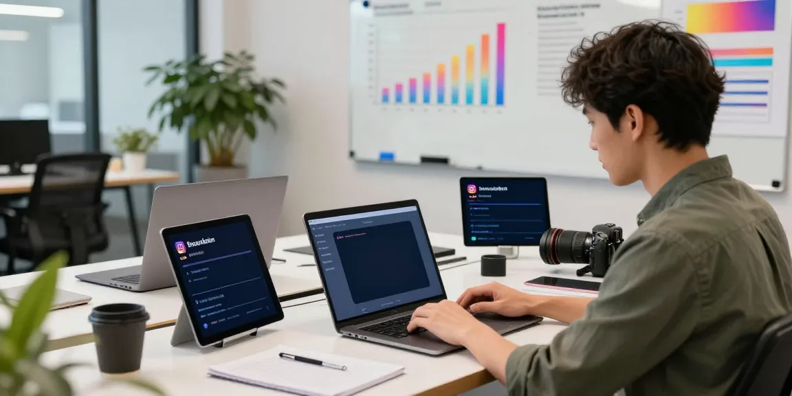 Professional analyzing Instagram metrics and engagement in a vibrant coworking space using insanony tools.