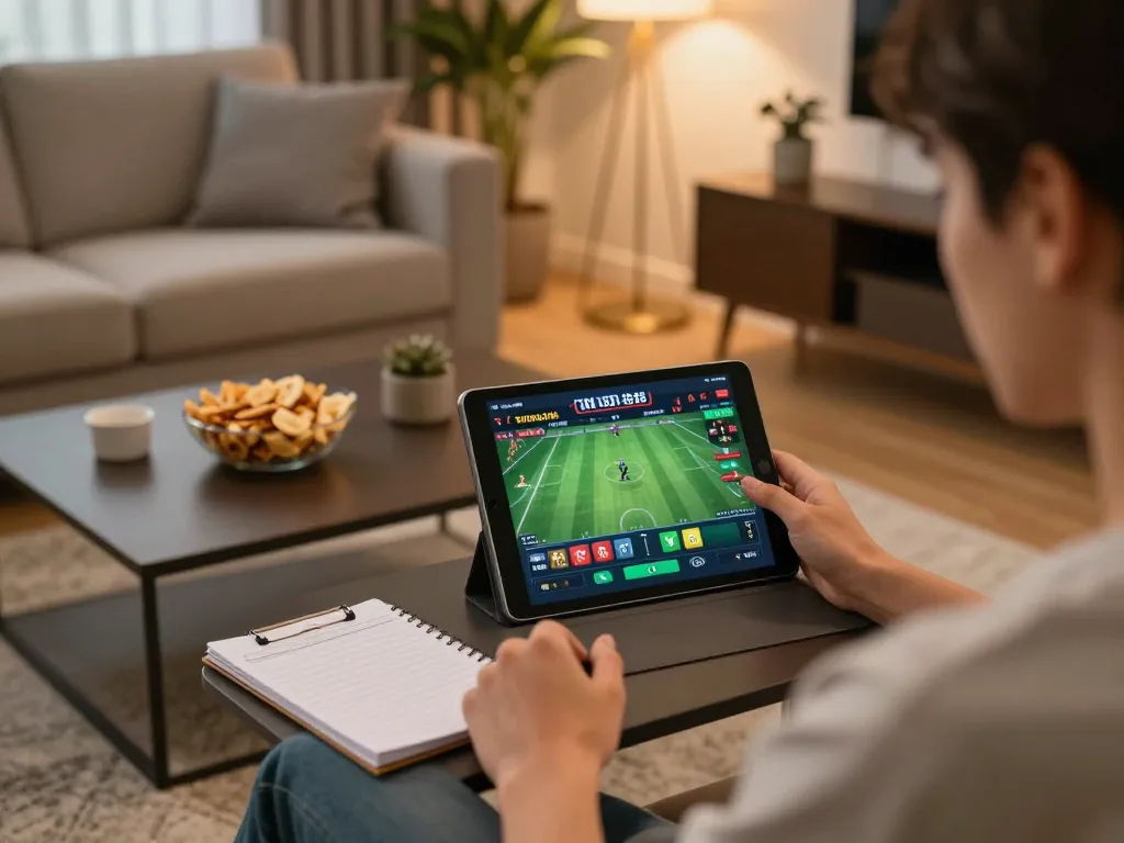 Engaging in sports betting through tylekeonhacai88 on a tablet at home with snacks nearby