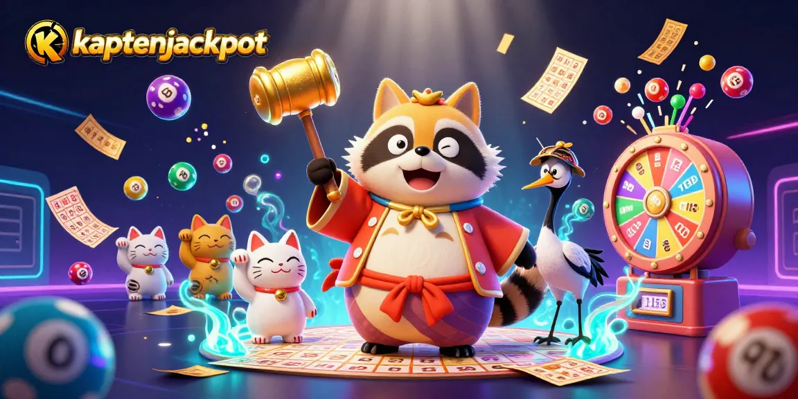Engage with kaptenjackpot's vibrant 3D casino scene featuring a lucky tanuki, colorful lottery elements.