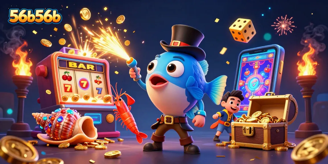 Engage with 56b56b as a cartoon anglerfish entices coins amidst a vibrant casino setting.