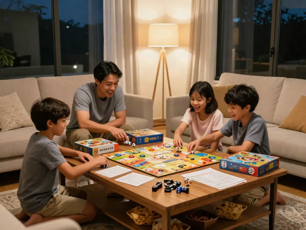 Family enjoying board games at home while discussing Viagra options.