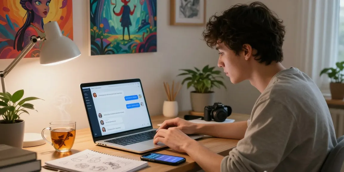 AI NSFW chatbot interface on a cozy home workspace with warm lighting and creative decorations.