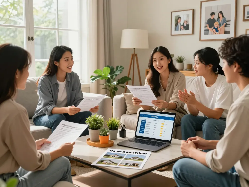 Homeowners discussing options to sell my house fast for cash with a friendly buyer team in a bright living room.