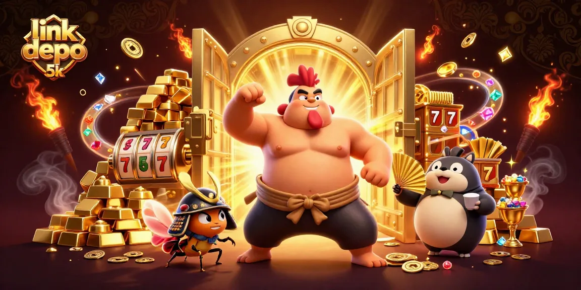Experience the thrill of link depo 5k slots with lively characters amidst gold and jackpot treasures.