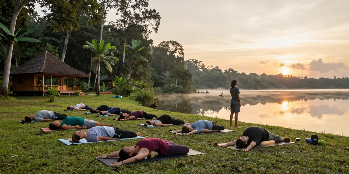 200 hour yoga teacher training sri lanka group practicing yoga at sunrise by Koggala Lake