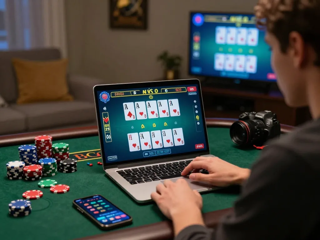 Player engaging with an online baccarat사이트 at home with live dealer game on laptop.