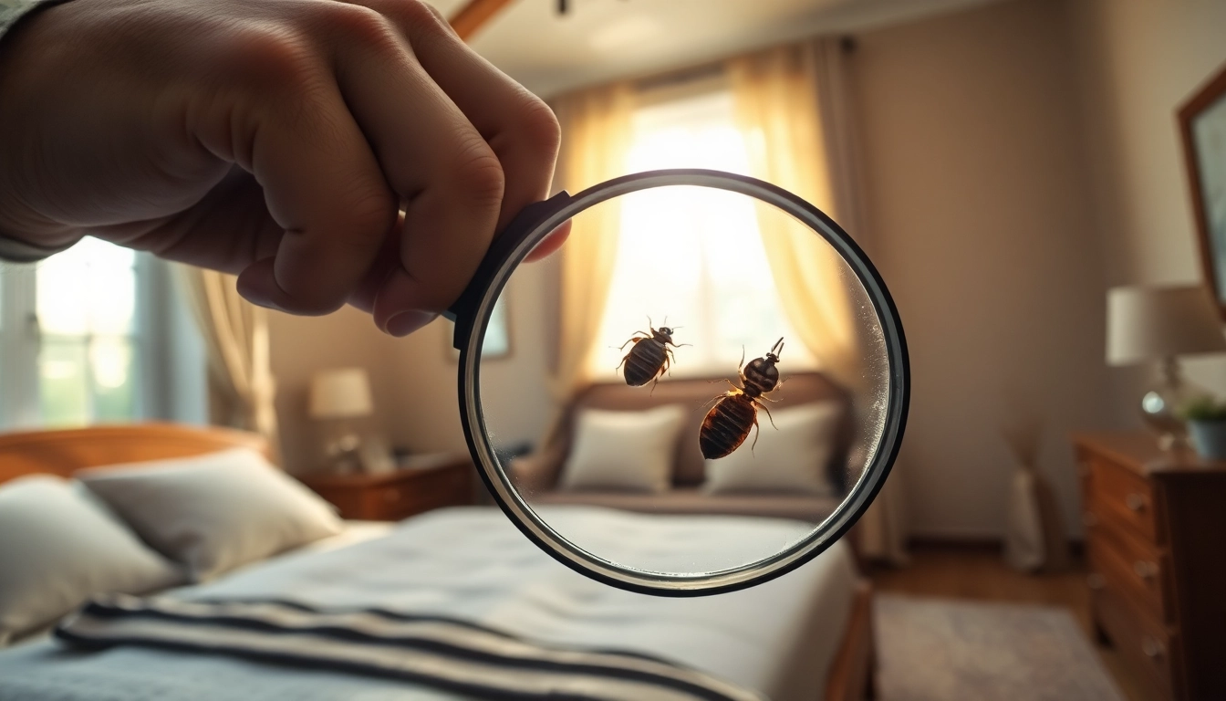 Bed bug extermination near me: Professional inspecting a bedroom for bed bugs.