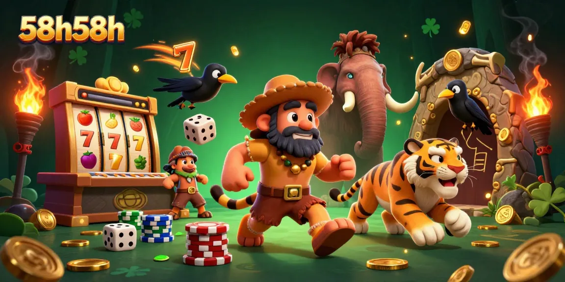 Atraia a sorte no cassino pré-histórico 58h58h com personagens carismáticos jogando dados e apostando.
