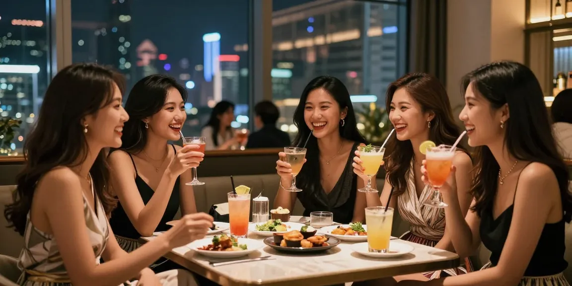 Những cô gái gọi vui vẻ thưởng thức cocktail tại quán bar sang trọng, không gian ánh sáng ấm áp.