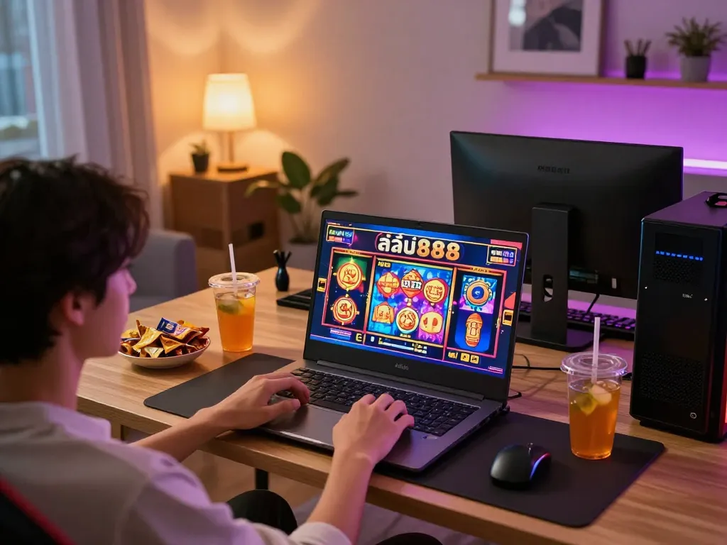 Engaging in exciting สล็อต888 gameplay on a laptop in a cozy home office with vibrant graphics.