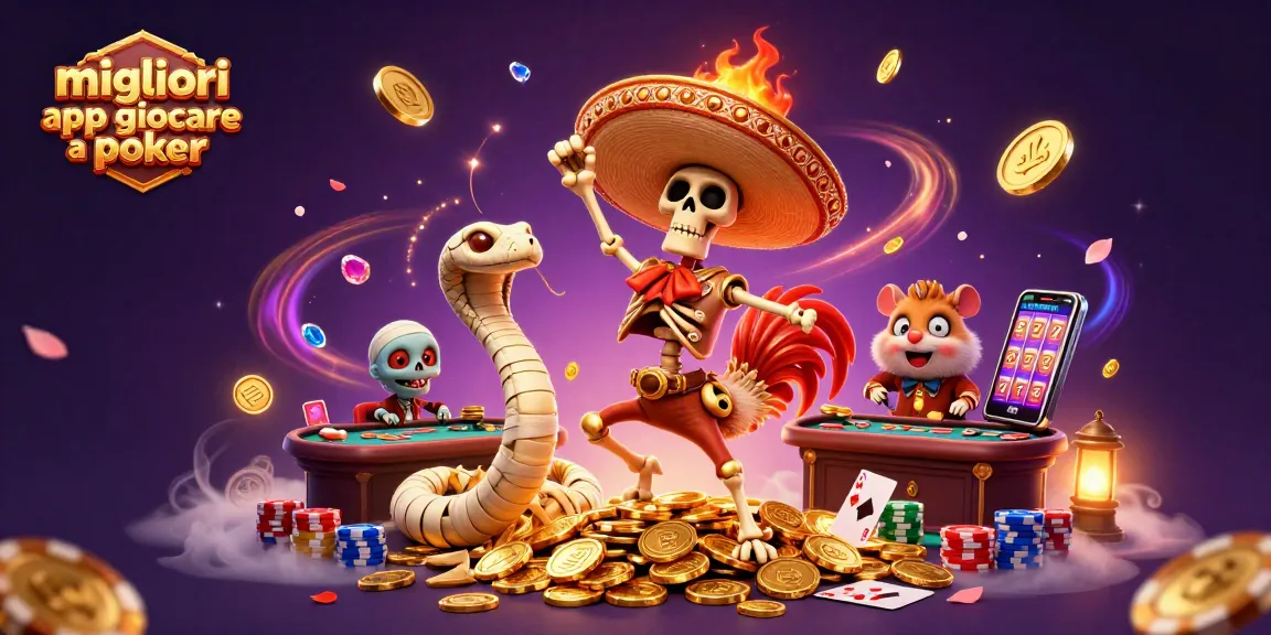 Gioca con le migliori app per giocare a poker nel poker online, circondato da monete d'oro e elementi di gioco.
