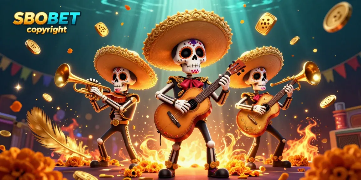 Engage in thrilling SBOBET copyright gaming with a vibrant mariachi band, slot reels, and dynamic casino elements.