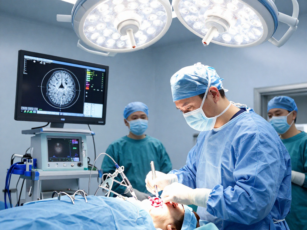 Brain tumor surgery focusing on beyin tümörü ameliyatı with neurosurgeon and advanced instruments in a modern operating room.