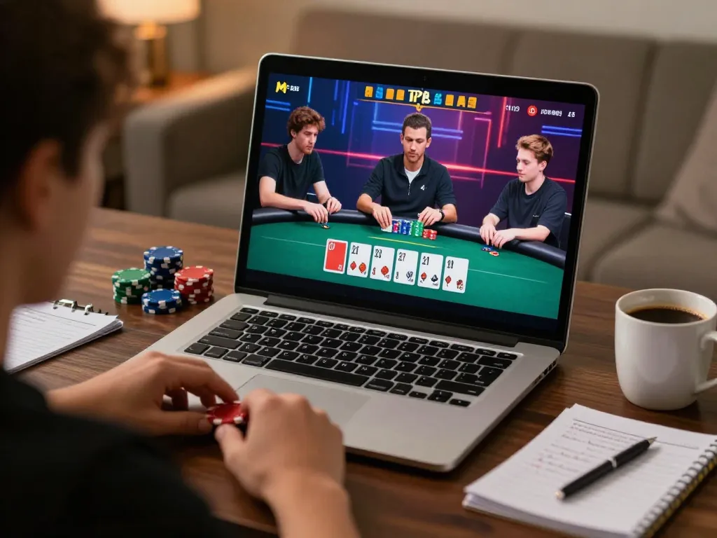 Play online poker with vipwin in a cozy home setting featuring laptop gameplay and chips.