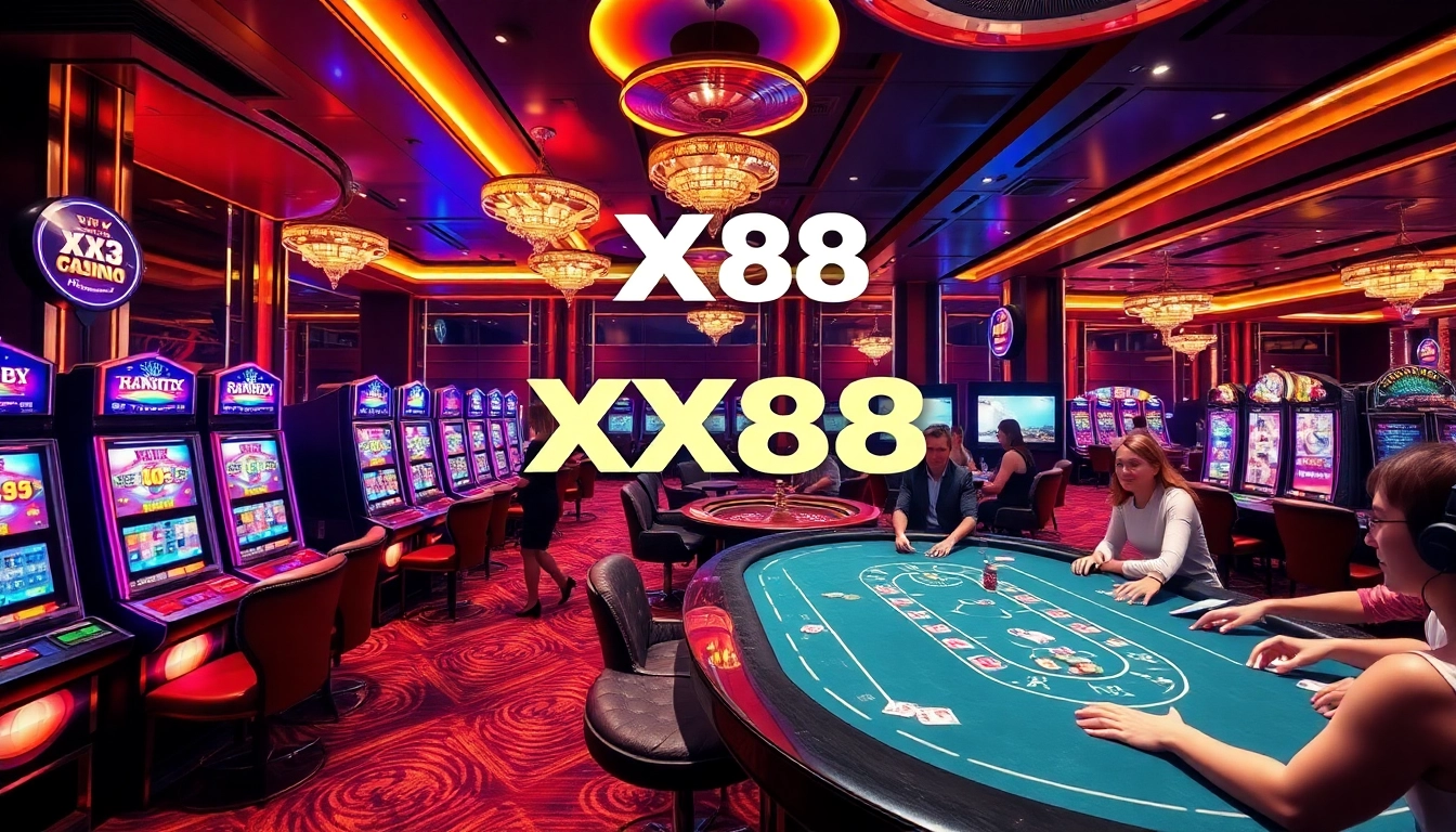 Exciting casino scene showcasing XX88 with modern slot machines and enthusiastic players at the poker table.