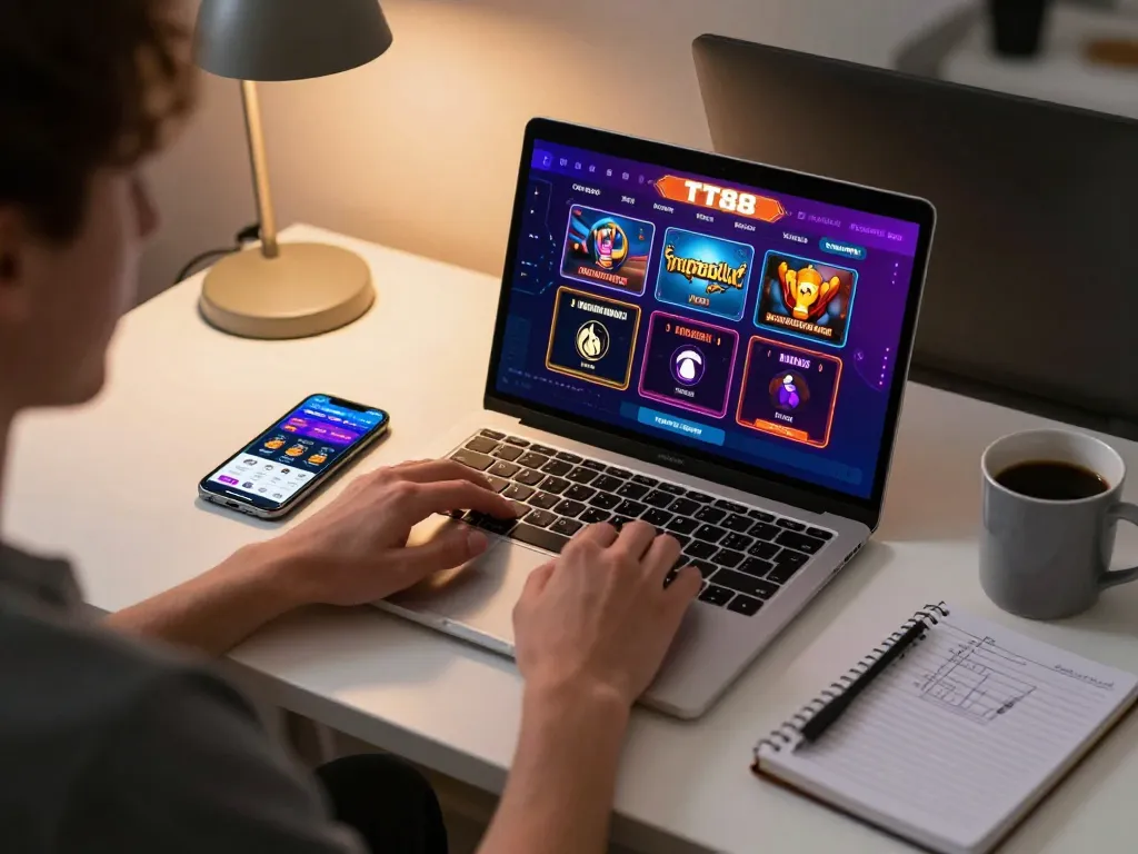 Engaging in TT88 online casino gaming with a vibrant interface displayed on a laptop and smartphone