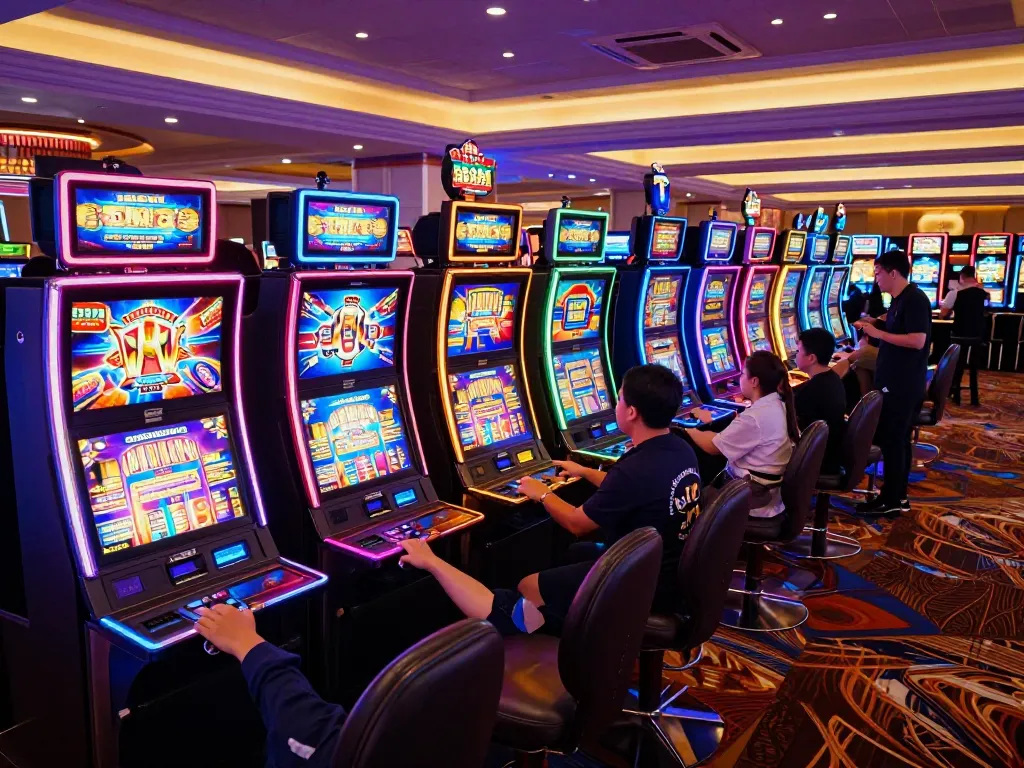 Players enjoying vibrant slot machines at hb88 com casino, celebrating exciting wins.